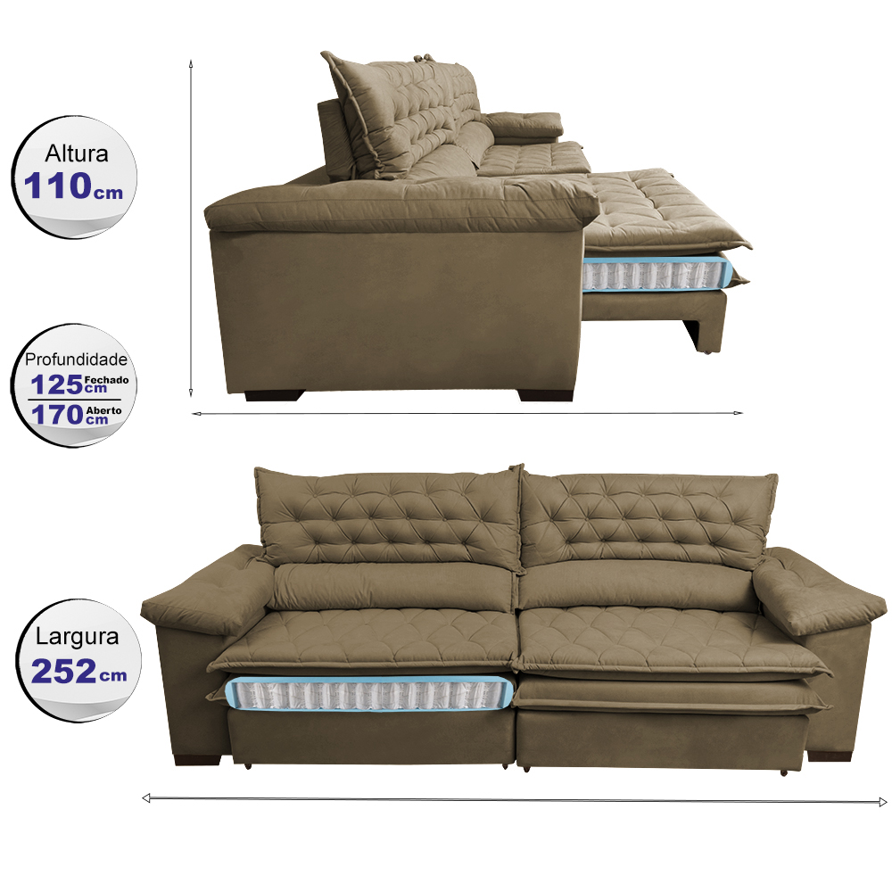 Sofá Retrátil e Reclinável Molas Ensacadas Cama inBox Botonê 2,52m Espuma Viscoelástico Suede Castor