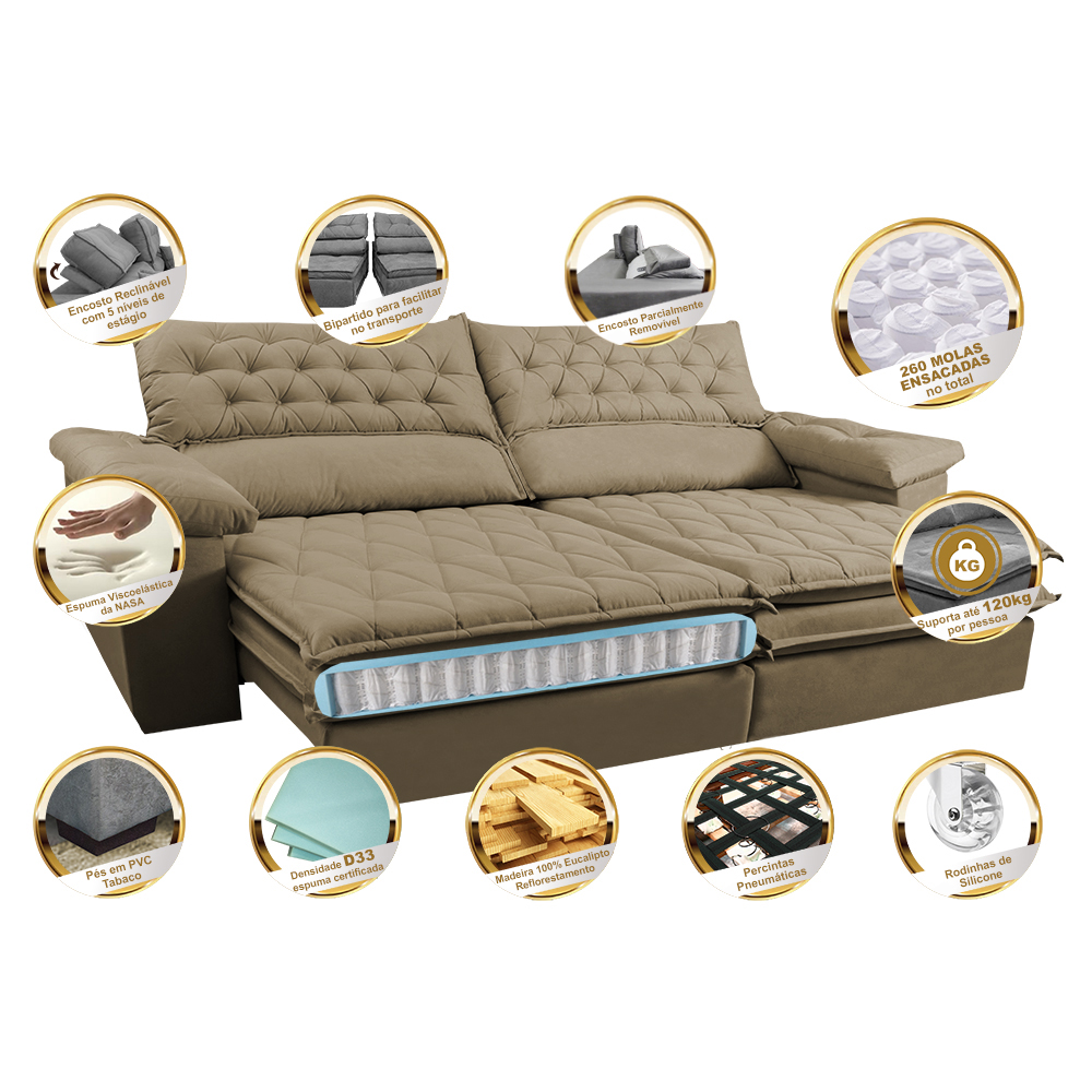 Sofá Retrátil e Reclinável Molas Ensacadas Cama inBox Botonê 2,52m Espuma Viscoelástico Suede Castor