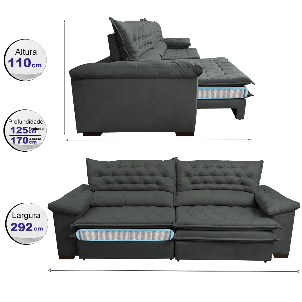 Sofá Retrátil e Reclinável Molas Ensacadas Cama inBox Botonê 2,92m Espuma Viscoelástico Suede Cinza