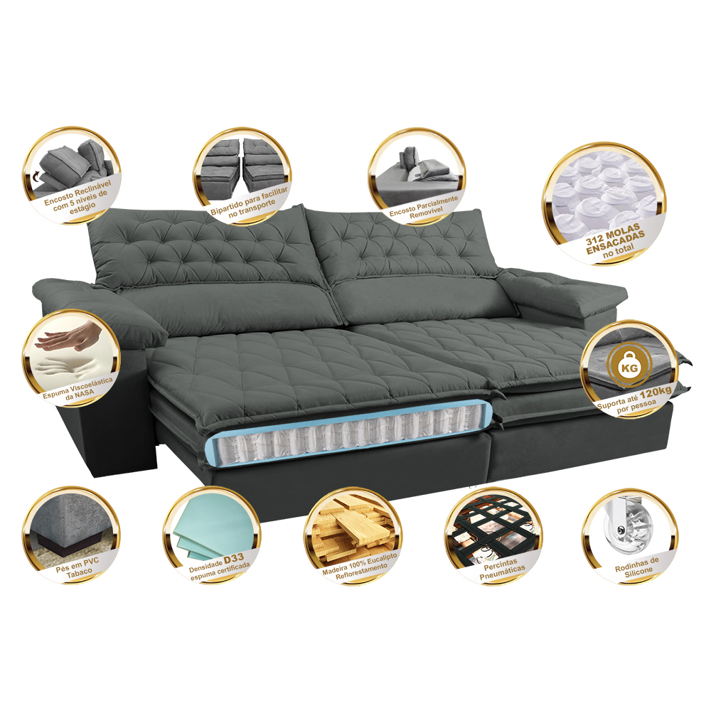Sofá Retrátil e Reclinável Molas Ensacadas Cama inBox Botonê 2,92m Espuma Viscoelástico Suede Cinza