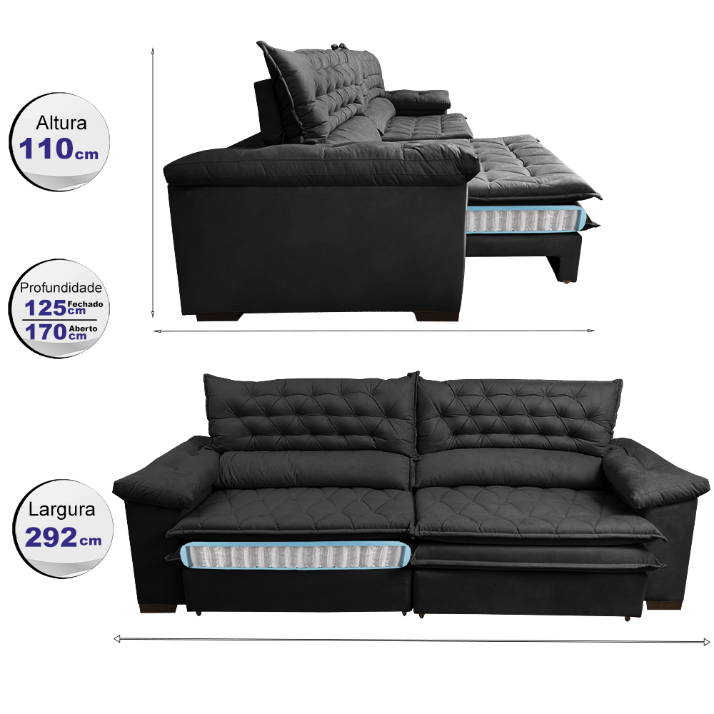 Sofá Retrátil e Reclinável Molas Ensacadas Cama inBox Botonê 2,92m Espuma Viscoelástico Suede Preto