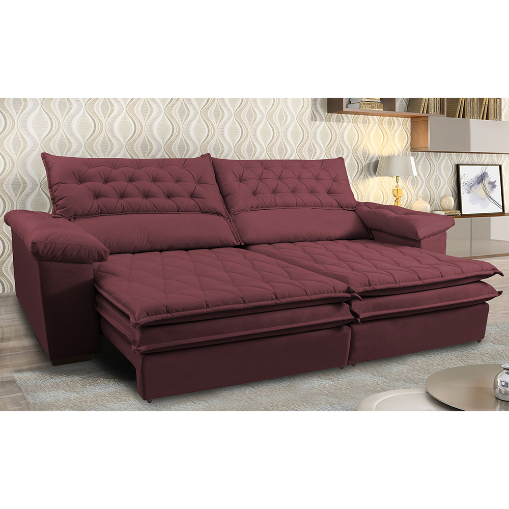 Sofá Retrátil e Reclinável Molas Ensacadas Cama inBox Botonê 2,92m Espuma Viscoelástico Suede Vinho