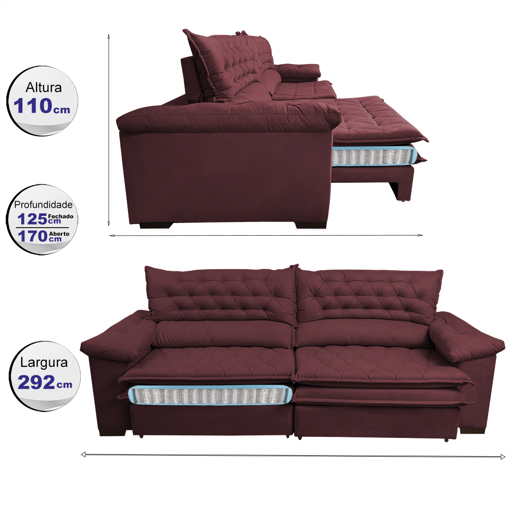 Sofá Retrátil e Reclinável Molas Ensacadas Cama inBox Botonê 2,92m Espuma Viscoelástico Suede Vinho