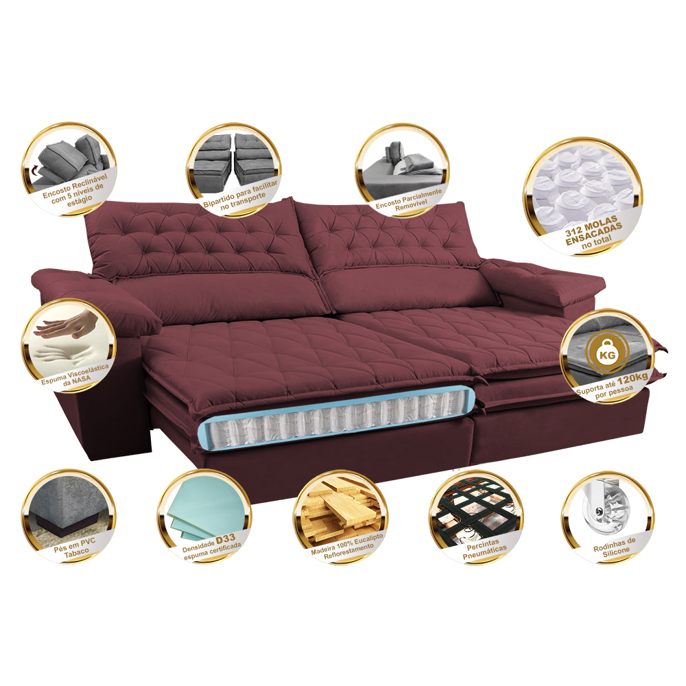 Sofá Retrátil e Reclinável Molas Ensacadas Cama inBox Botonê 2,92m Espuma Viscoelástico Suede Vinho