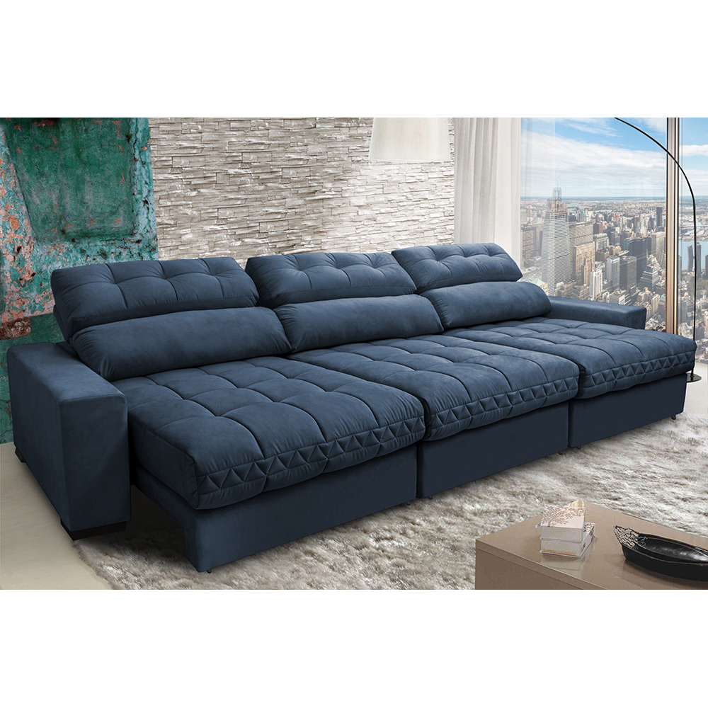 Sofá Retrátil e Reclinável com Molas Ensacadas Cama Inbox Master 3,52m Tecido Suede Azul