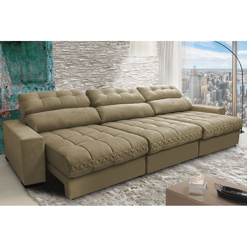 Sofá Retrátil e Reclinável com Molas Ensacadas Cama Inbox Master 3,52m Tecido Suede Bege