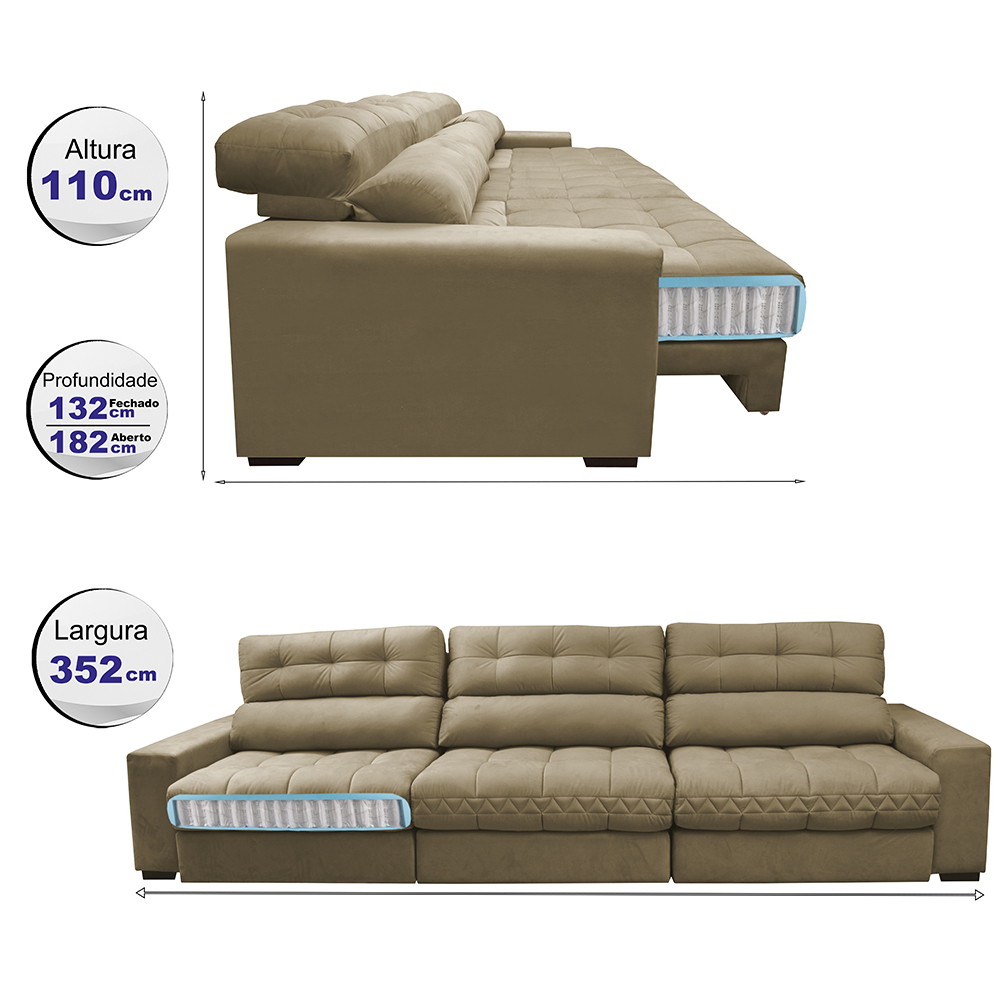 Sofá Retrátil e Reclinável com Molas Ensacadas Cama Inbox Master 3,52m Tecido Suede Bege