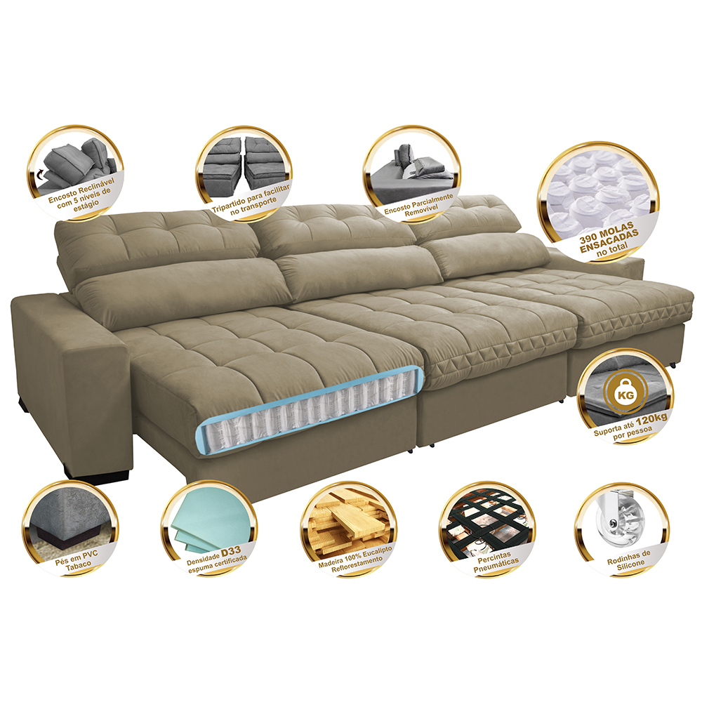Sofá Retrátil e Reclinável com Molas Ensacadas Cama Inbox Master 3,52m Tecido Suede Bege