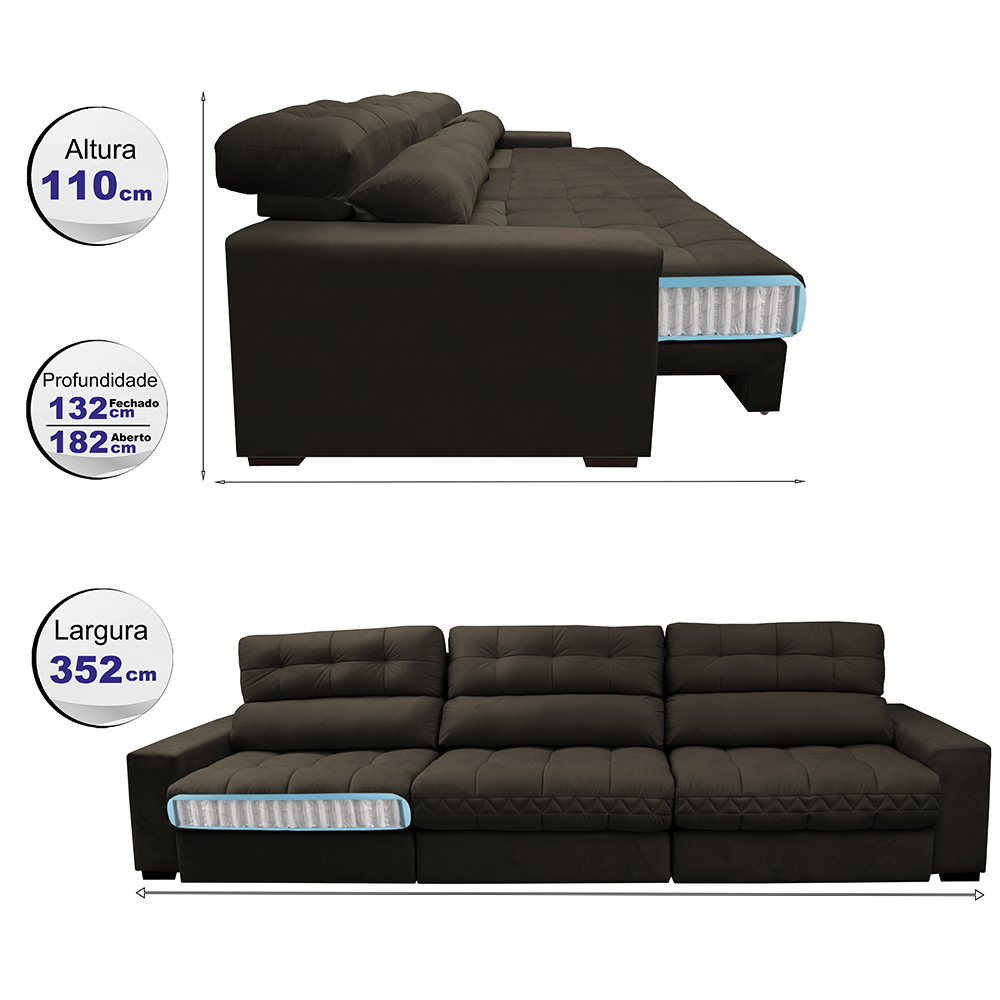 Sofá Retrátil e Reclinável com Molas Ensacadas Cama Inbox Master 3,52m Tecido Suede Café