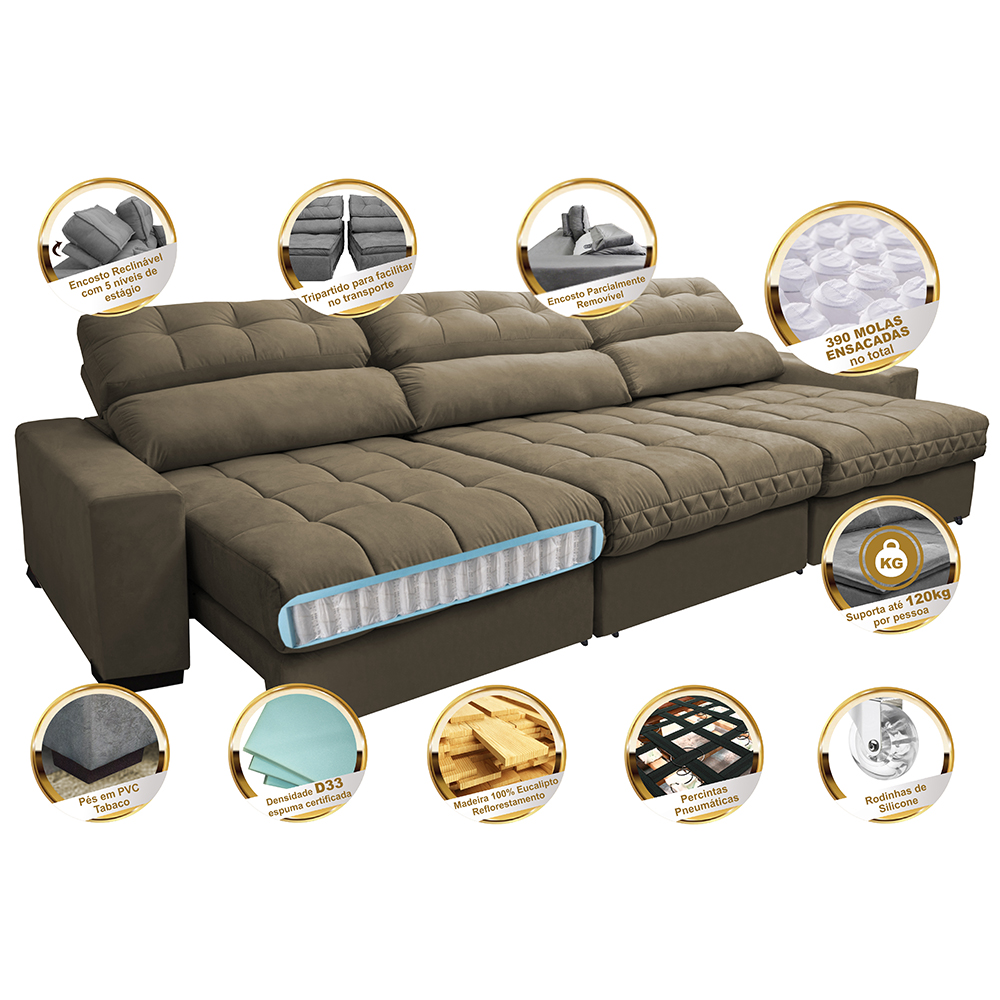 Sofá Retrátil e Reclinável com Molas Ensacadas Cama Inbox Master 3,52m Tecido Suede Castor