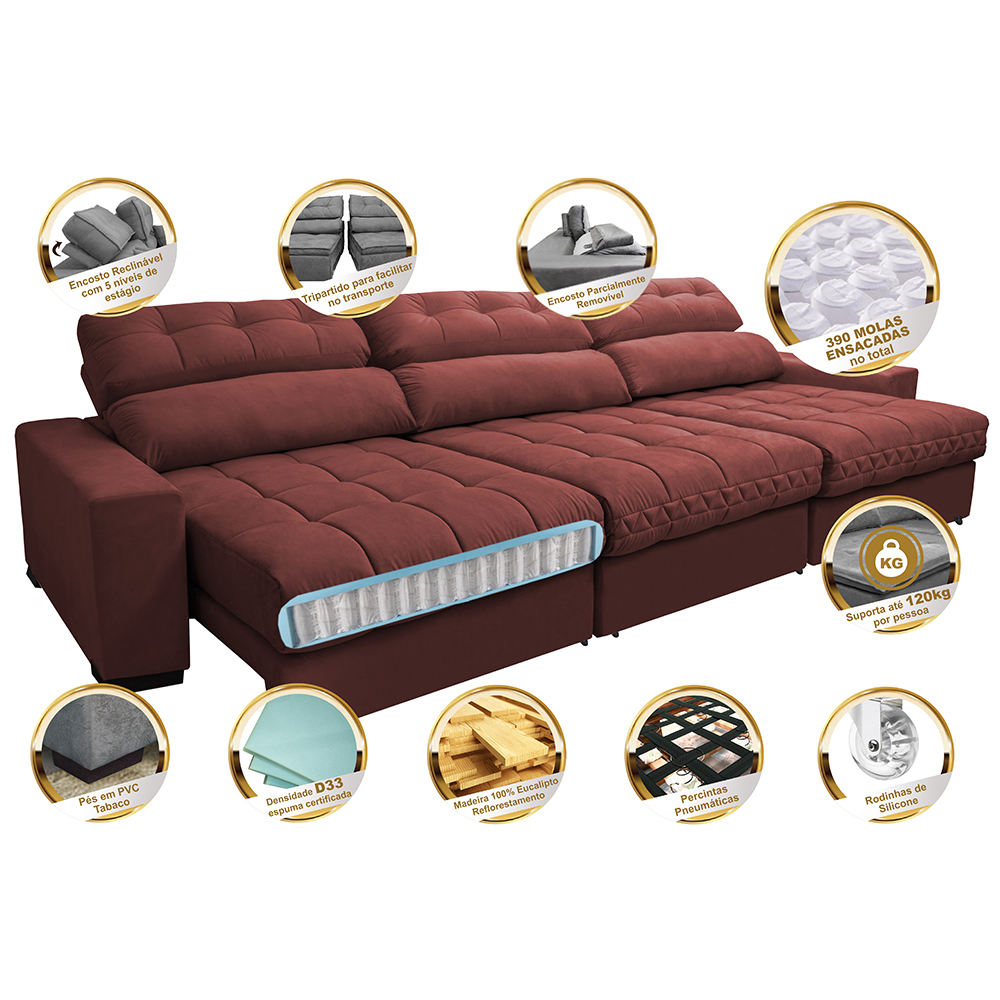 Sofá Retrátil e Reclinável com Molas Ensacadas Cama Inbox Master 3,52m Tecido Suede Vermelho