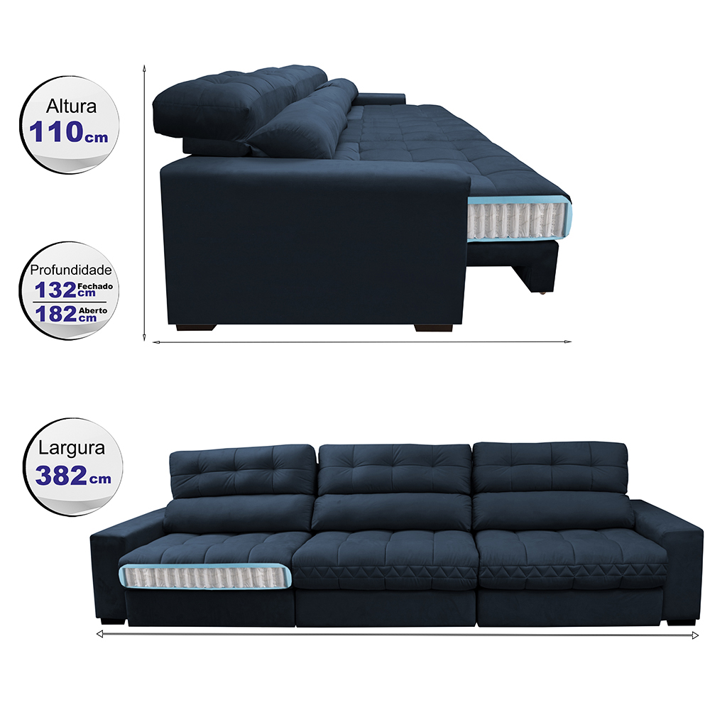 Sofá Retrátil e Reclinável com Molas Ensacadas Cama Inbox Master 3,82m Tecido Suede Azul
