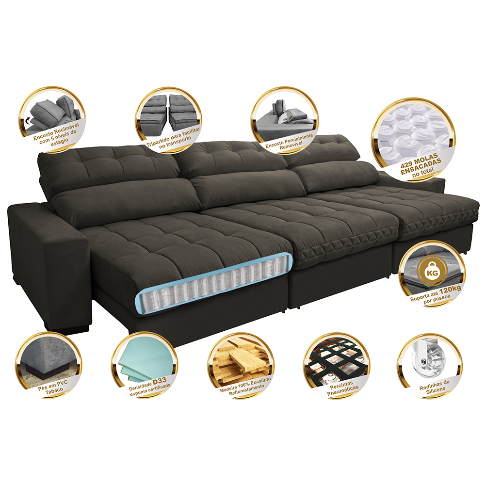 Sofá Retrátil e Reclinável com Molas Ensacadas Cama Inbox Master 3,82m Tecido Suede Café