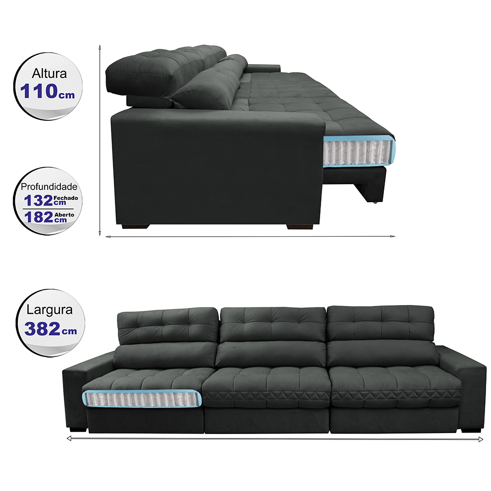 Sofá Retrátil e Reclinável com Molas Ensacadas Cama Inbox Master 3,82m Tecido Suede Cinza