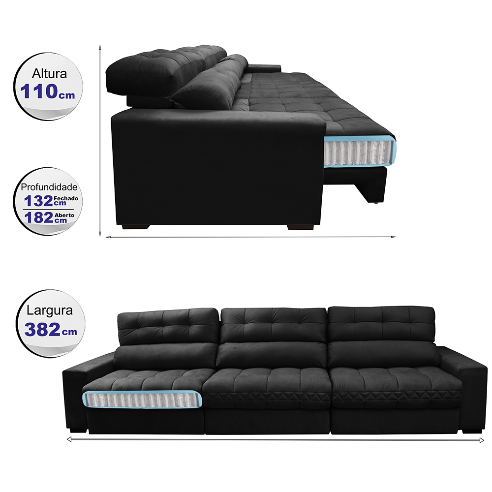 Sofá Retrátil e Reclinável com Molas Ensacadas Cama Inbox Master 3,82m Tecido Suede Preto