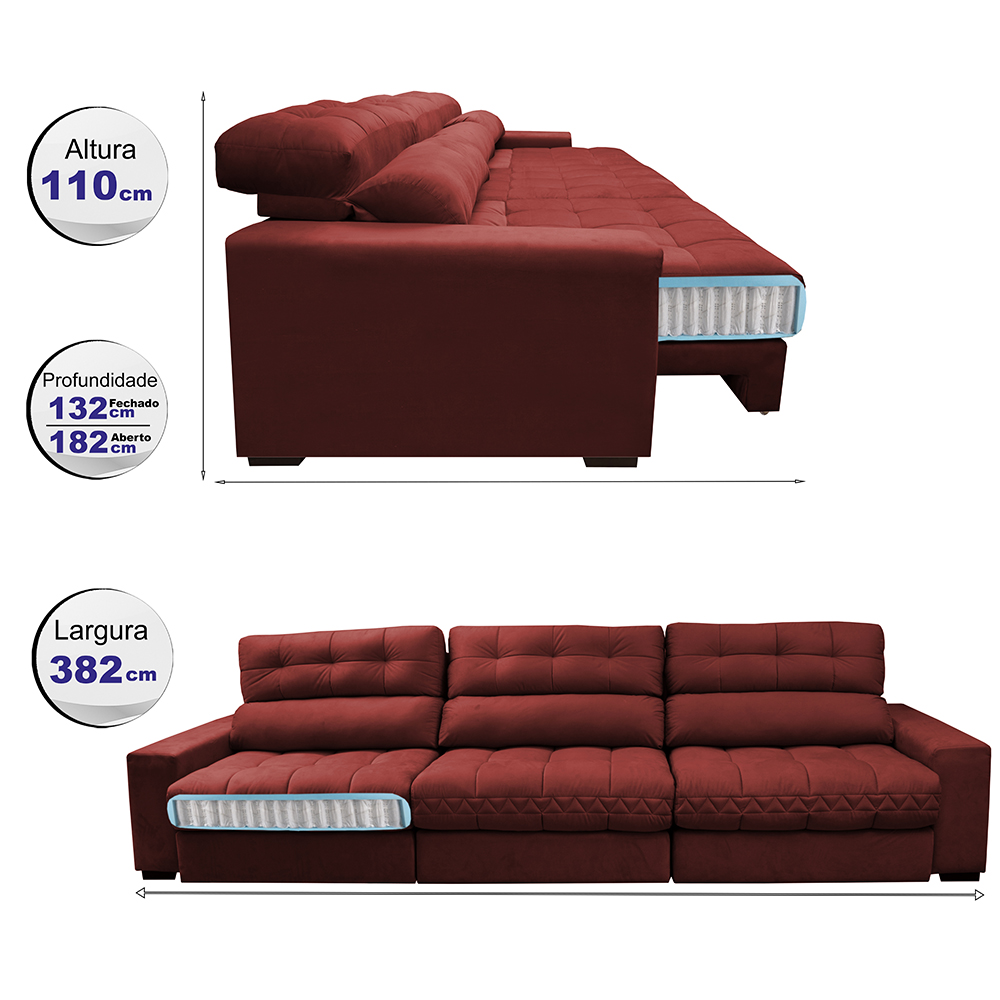 Sofá Retrátil e Reclinável com Molas Ensacadas Cama Inbox Master 3,82m Tecido Suede Vermelho