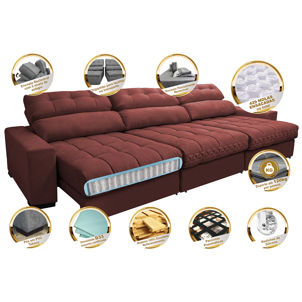 Sofá Retrátil e Reclinável com Molas Ensacadas Cama Inbox Master 3,82m Tecido Suede Vermelho