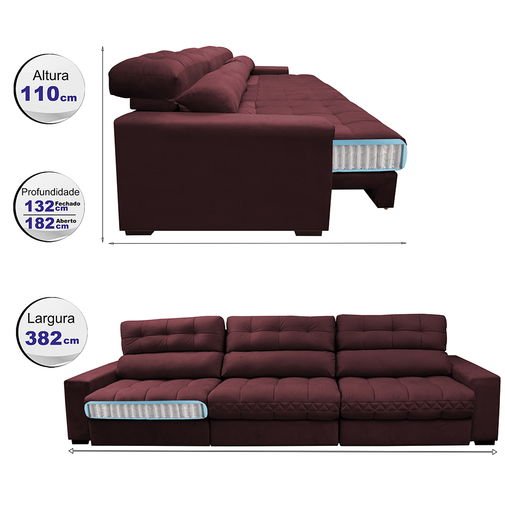 Sofá Retrátil e Reclinável com Molas Ensacadas Cama Inbox Master 3,82m Tecido Suede Vinho