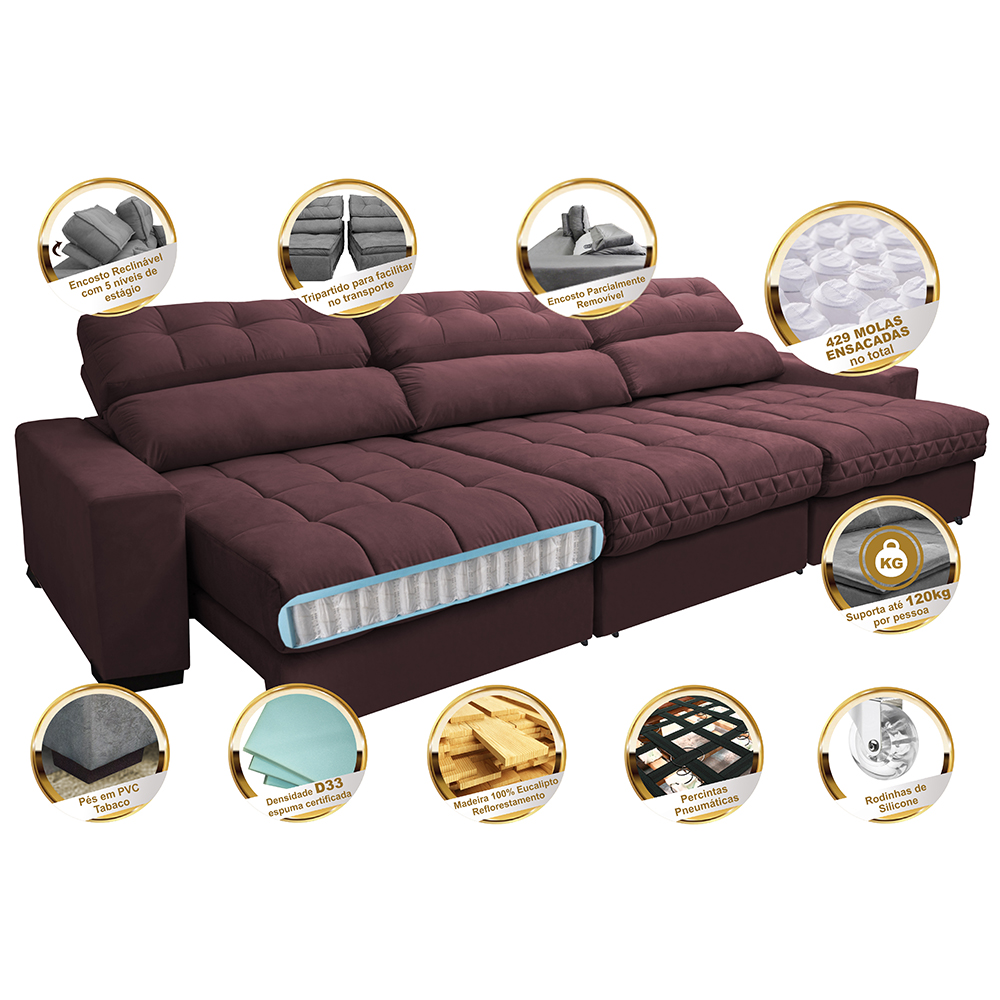 Sofá Retrátil e Reclinável com Molas Ensacadas Cama Inbox Master 3,82m Tecido Suede Vinho