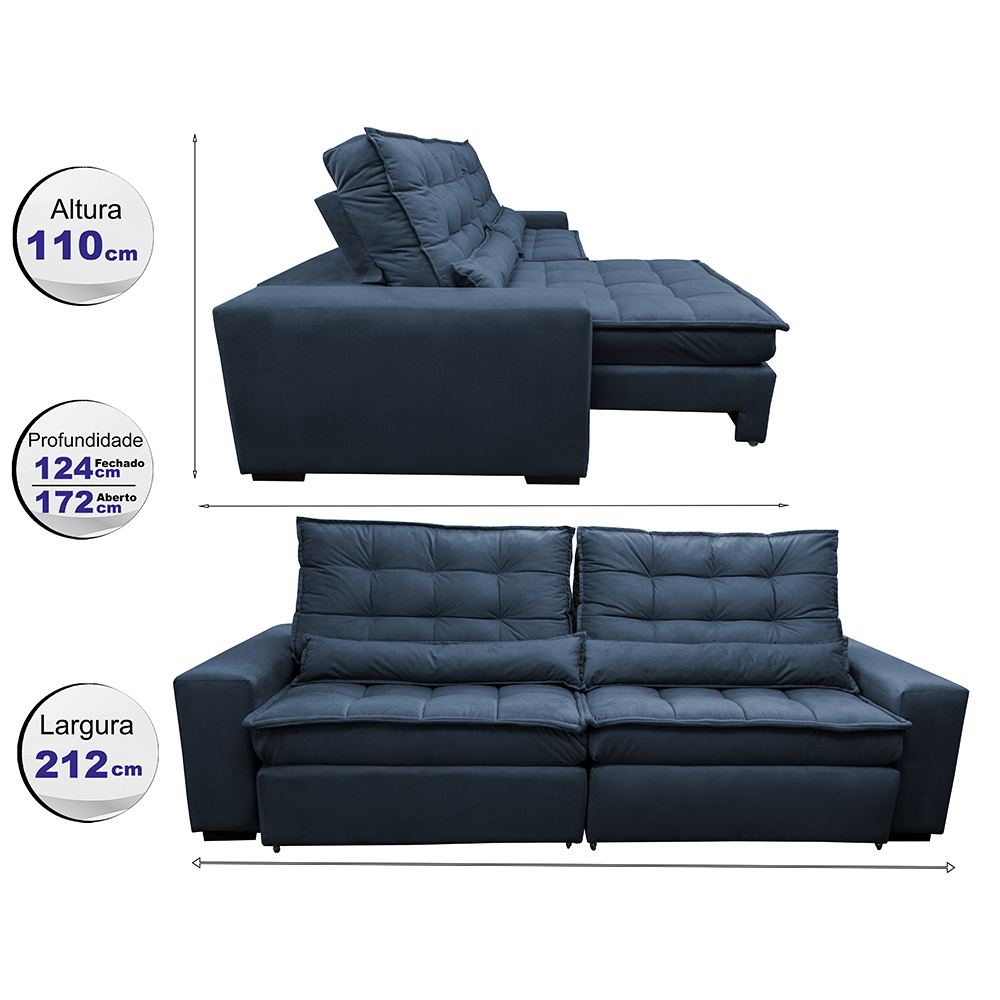 Sofá Retrátil e Reclinável com Molas Ensacadas Cama inBox Gold 2,12m Tecido Suede Velusoft Azul