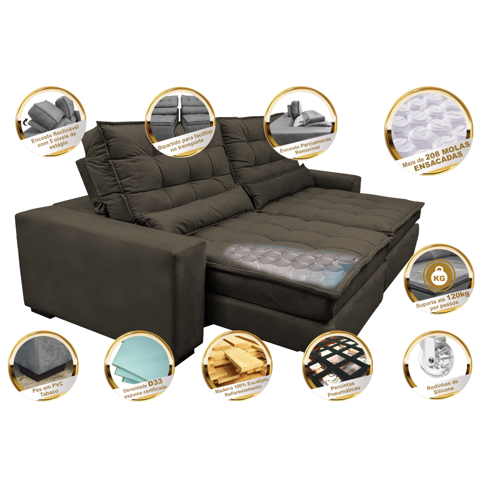 Sofá Retrátil e Reclinável com Molas Ensacadas Cama inBox Gold 2,32m Tecido Suede Velusoft Café