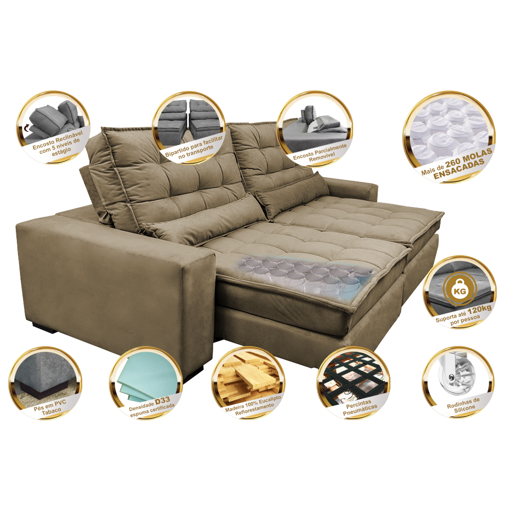 Sofá Retrátil e Reclinável com Molas Ensacadas Cama inBox Gold 2,52m Tecido Suede Velusoft Castor
