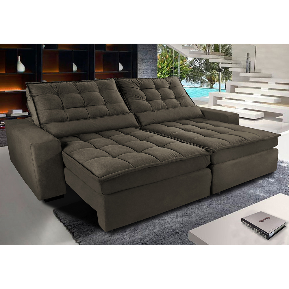 Sofá Retrátil e Reclinável com Molas Ensacadas Cama inBox Gold 2,72m Tecido Suede Velusoft Café