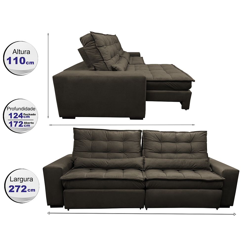Sofá Retrátil e Reclinável com Molas Ensacadas Cama inBox Gold 2,72m Tecido Suede Velusoft Café