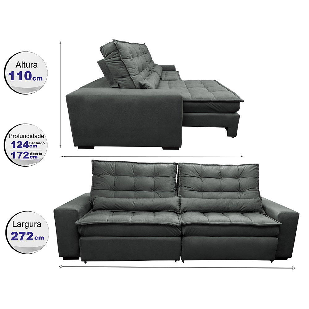 Sofá Retrátil e Reclinável com Molas Ensacadas Cama inBox Gold 2,72m Tecido Suede Velusoft Cinza
