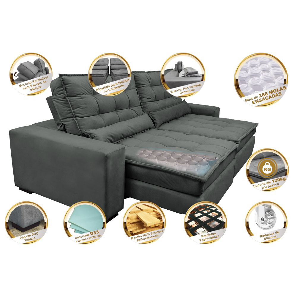 Sofá Retrátil e Reclinável com Molas Ensacadas Cama inBox Gold 2,72m Tecido Suede Velusoft Cinza