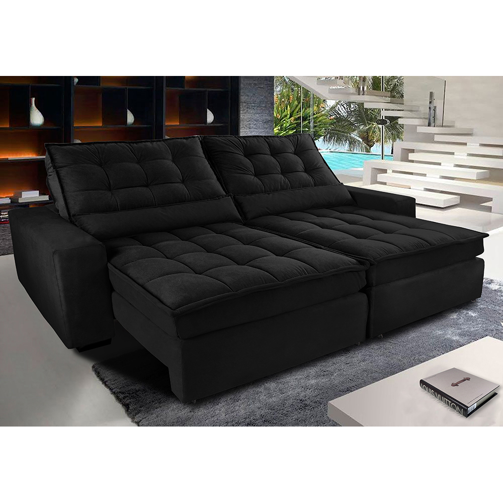Sofá Retrátil e Reclinável com Molas Ensacadas Cama inBox Gold 2,72m Tecido Suede Velusoft Preto