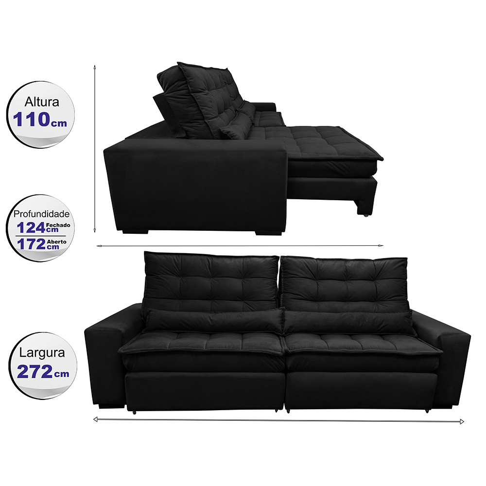 Sofá Retrátil e Reclinável com Molas Ensacadas Cama inBox Gold 2,72m Tecido Suede Velusoft Preto
