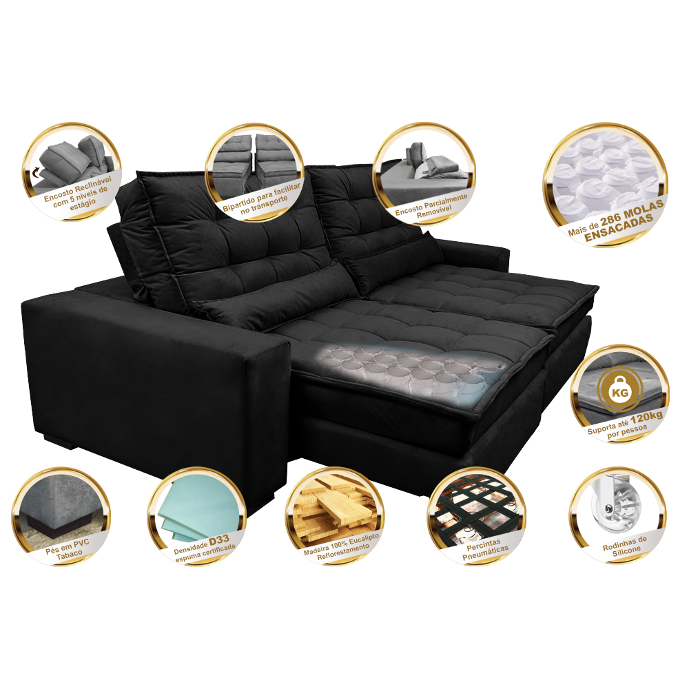 Sofá Retrátil e Reclinável com Molas Ensacadas Cama inBox Gold 2,72m Tecido Suede Velusoft Preto