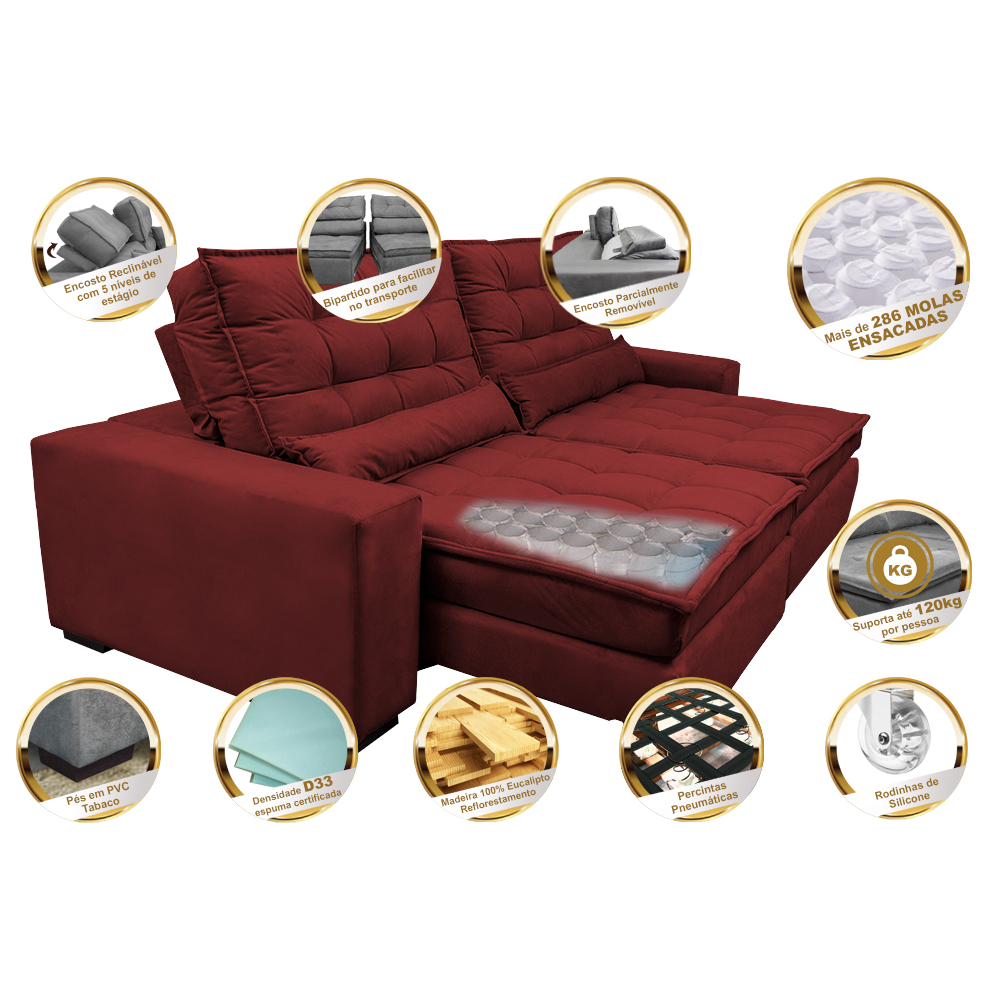 Sofá Retrátil e Reclinável com Molas Ensacadas Cama inBox Gold 2,72m Tecido Suede Velusoft Vermelho