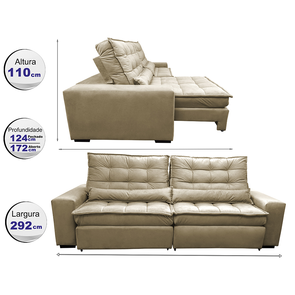 Sofá Retrátil e Reclinável com Molas Ensacadas Cama inBox Gold 2,92m Tecido Suede Velusoft Bege