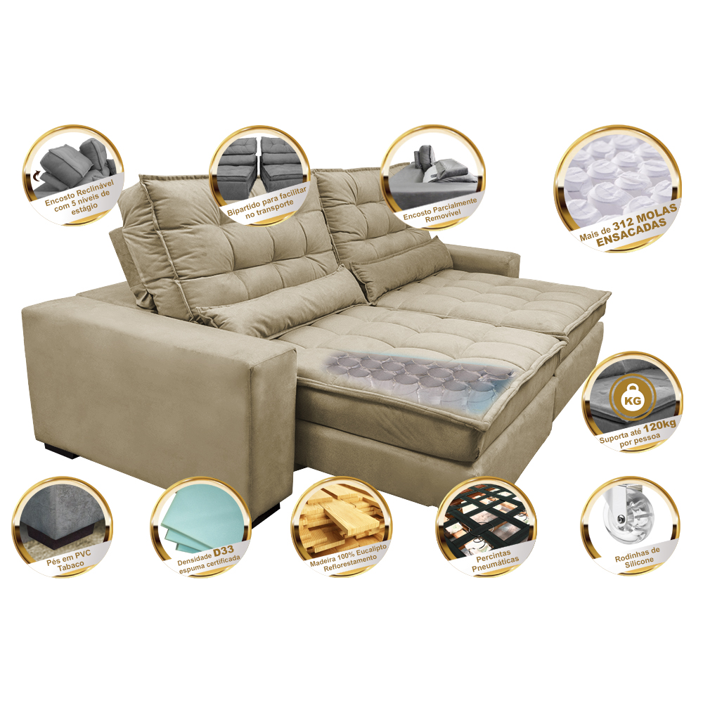 Sofá Retrátil e Reclinável com Molas Ensacadas Cama inBox Gold 2,92m Tecido Suede Velusoft Bege