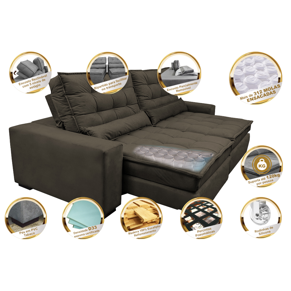 Sofá Retrátil e Reclinável com Molas Ensacadas Cama inBox Gold 2,92m Tecido Suede Velusoft Café
