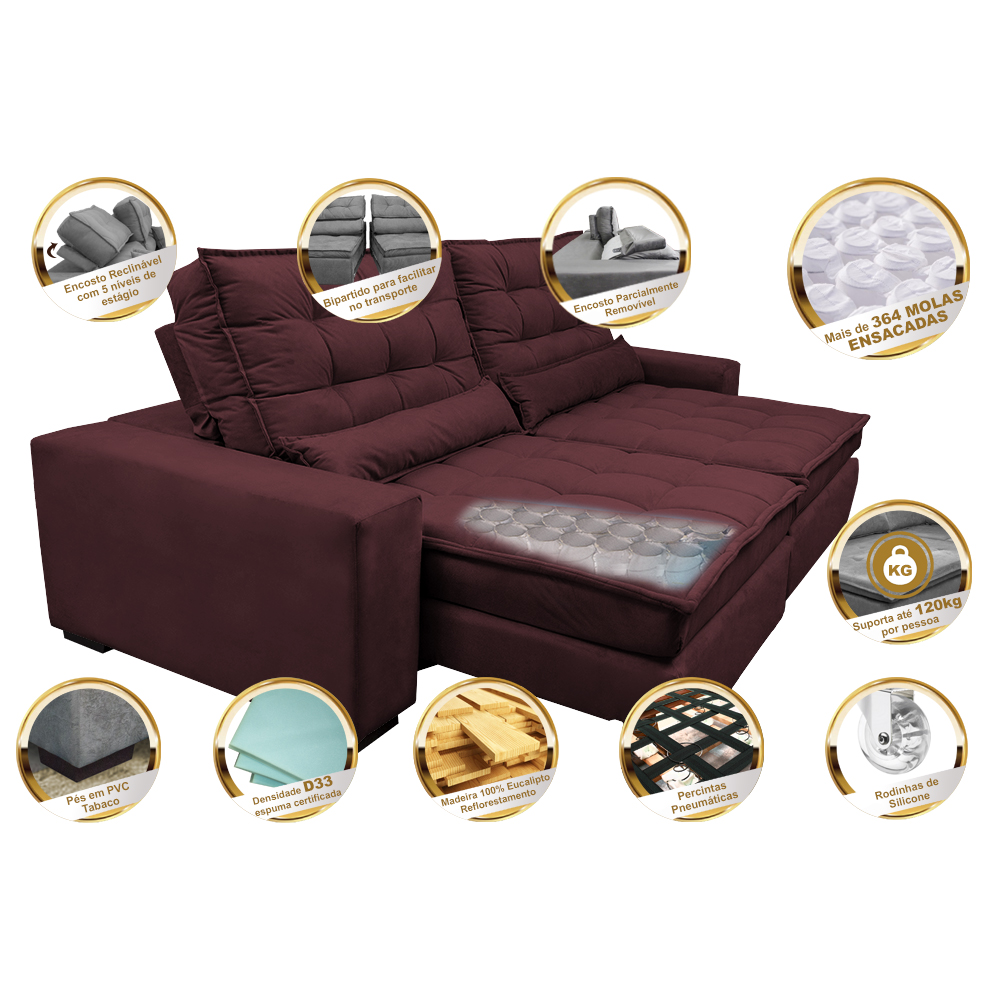Sofá Retrátil e Reclinável com Molas Ensacadas Cama inBox Gold 3,12m Tecido Suede Velusoft Vinho