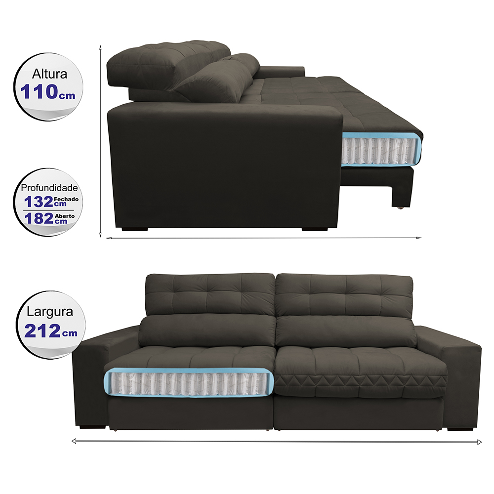 Sofá Retrátil e Reclinável com Molas Ensacadas Cama inBox Master 2,12m Tecido Suede Café
