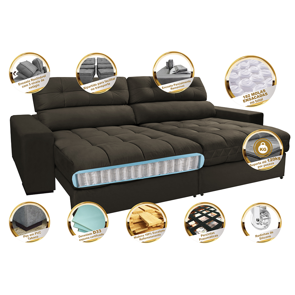 Sofá Retrátil e Reclinável com Molas Ensacadas Cama inBox Master 2,12m Tecido Suede Café