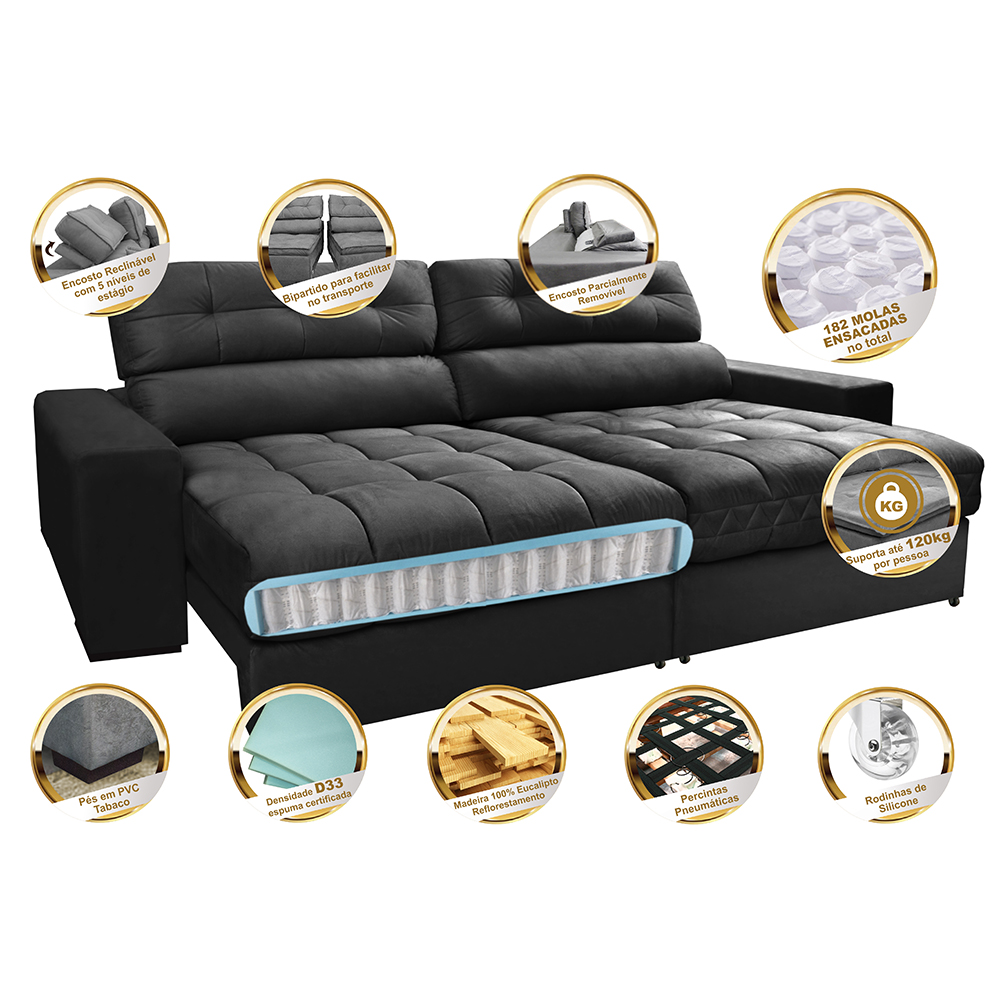 Sofá Retrátil e Reclinável com Molas Ensacadas Cama inBox Master 2,12m Tecido Suede Preto