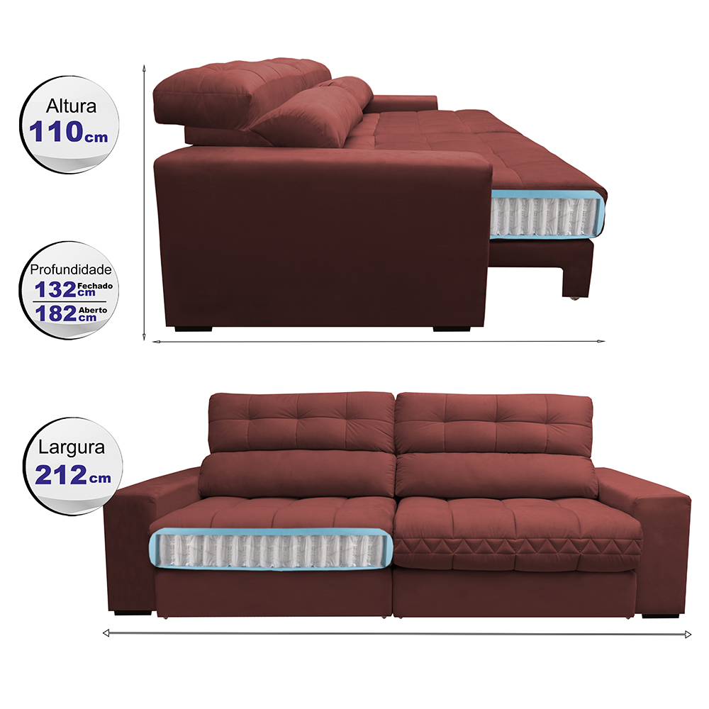 Sofá Retrátil e Reclinável com Molas Ensacadas Cama inBox Master 2,12m Tecido Suede Vermelho