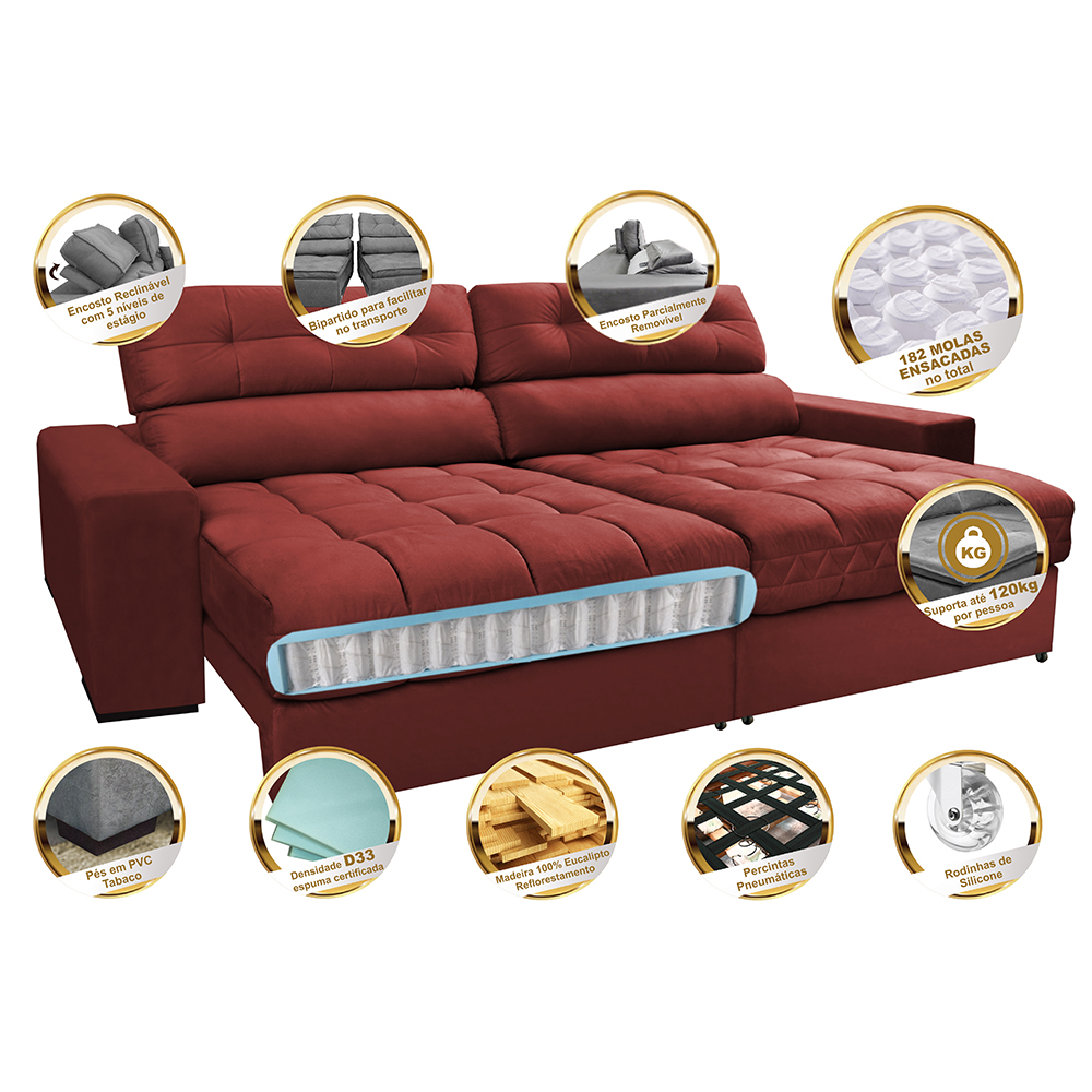 Sofá Retrátil e Reclinável com Molas Ensacadas Cama inBox Master 2,12m Tecido Suede Vermelho