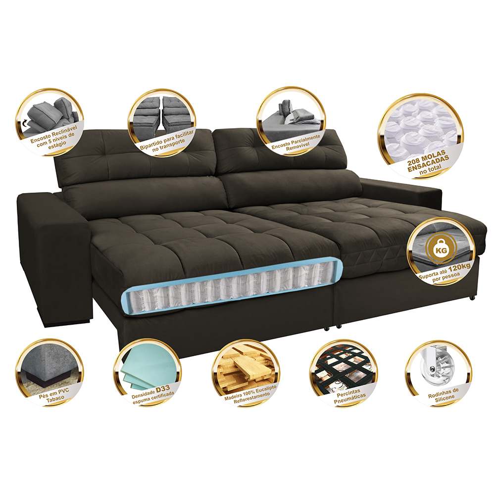 Sofá Retrátil e Reclinável com Molas Ensacadas Cama inBox Master 2,32m Tecido Suede Café