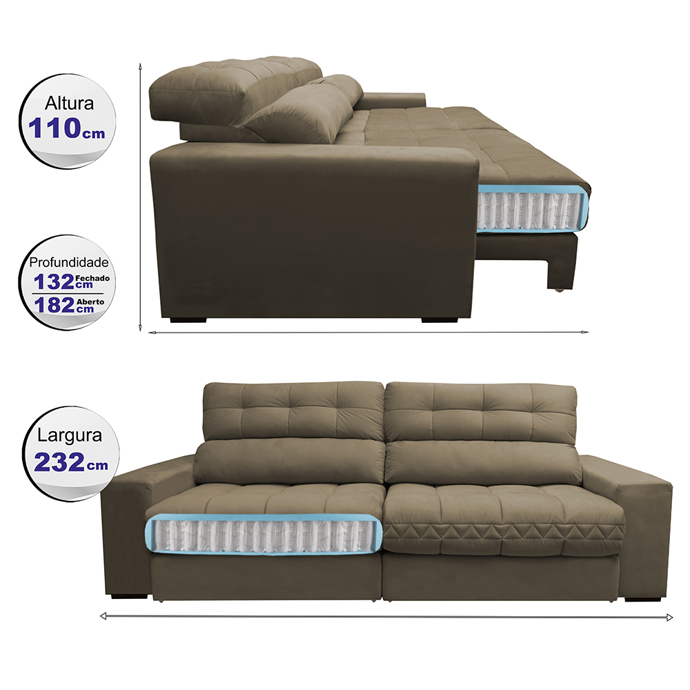 Sofá Retrátil e Reclinável com Molas Ensacadas Cama inBox Master 2,32m Tecido Suede Castor