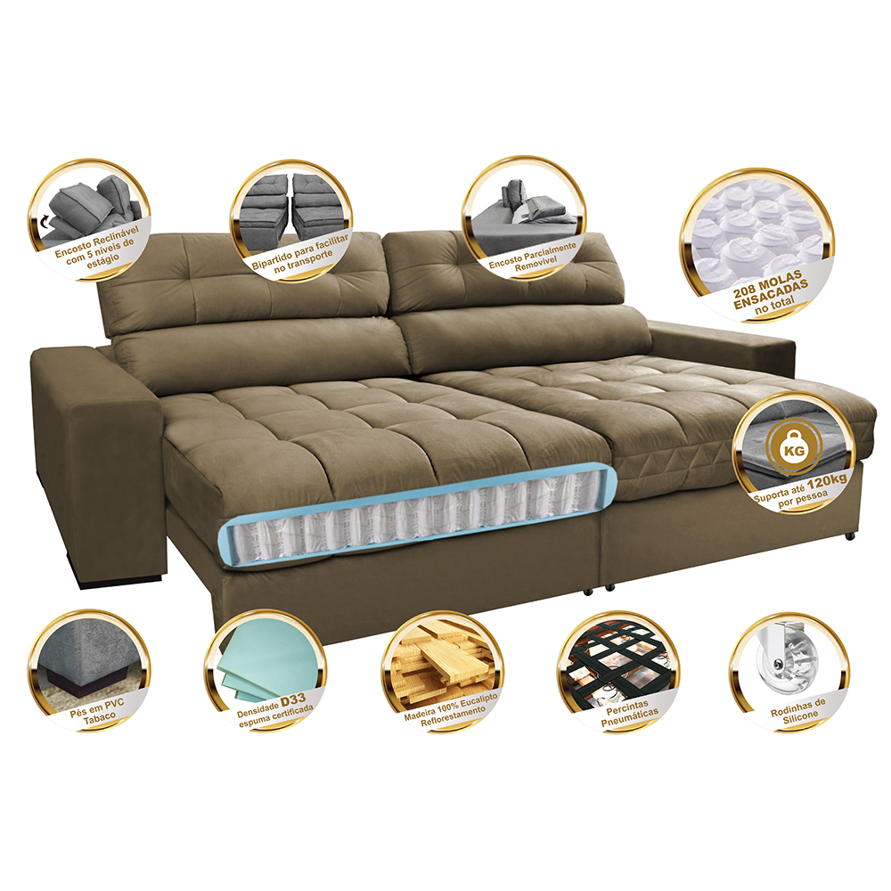 Sofá Retrátil e Reclinável com Molas Ensacadas Cama inBox Master 2,32m Tecido Suede Castor