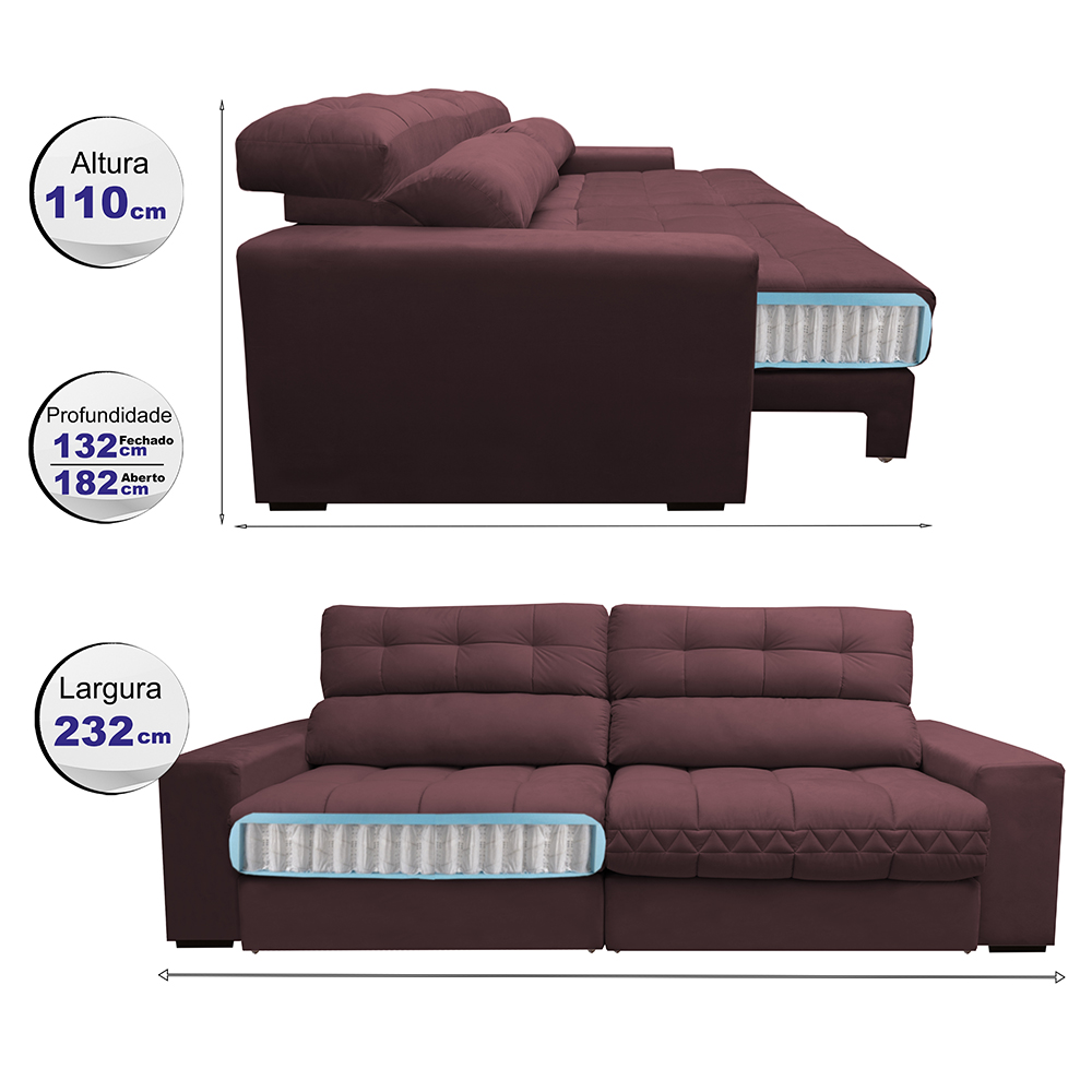 Sofá Retrátil e Reclinável com Molas Ensacadas Cama inBox Master 2,32m Tecido Suede Vinho