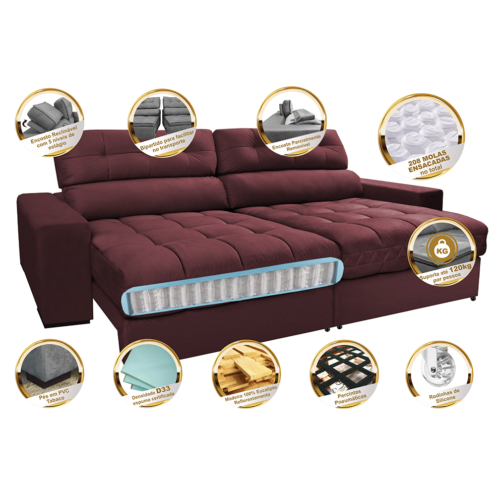 Sofá Retrátil e Reclinável com Molas Ensacadas Cama inBox Master 2,32m Tecido Suede Vinho
