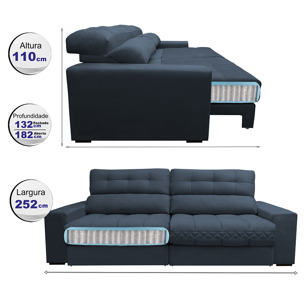Sofá Retrátil e Reclinável com Molas Ensacadas Cama inBox Master 2,52m Tecido Suede Azul