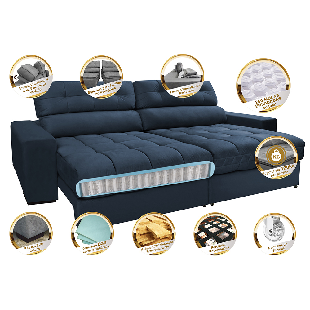 Sofá Retrátil e Reclinável com Molas Ensacadas Cama inBox Master 2,52m Tecido Suede Azul
